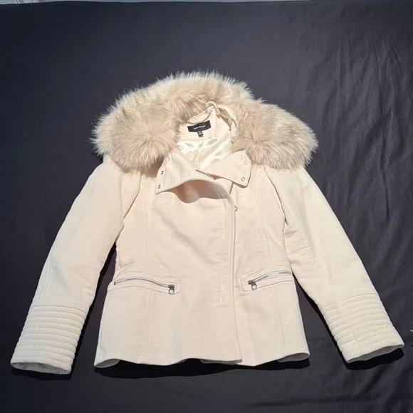 Karen Millen sz4 preowned no smoke home Cream Jacket w removable Faux Fur Collar - Picture 3 of 16